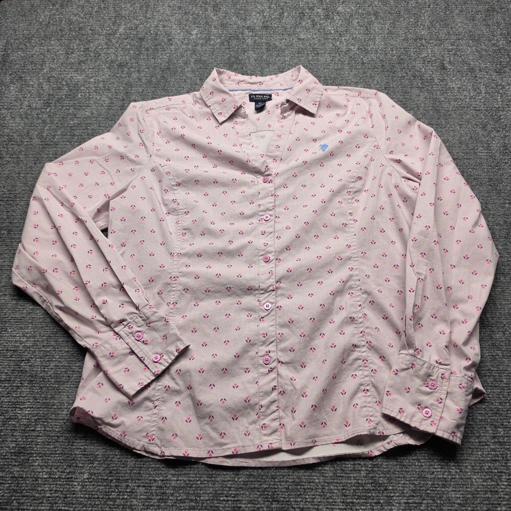 US Polo Assn Womens XL Pink Stripe Tulip Floral Long Sleeve Button Shirt - Picture 2 of 10